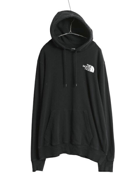 ノースフェイス 両面 プリント スウェット フード パーカー メンズ L 古着 プルオーバー トレーナー アウトドア 裏起毛 バックプリント 黒