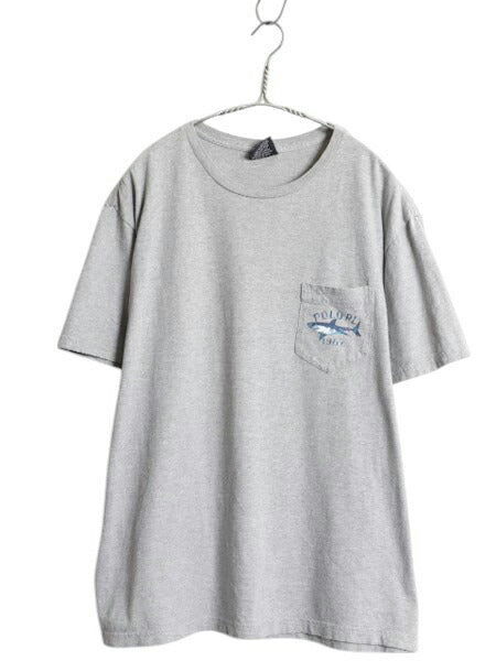 90s ポロスポーツ ラルフローレン ポケット付き 両面 プリント 半袖 Tシャツ メンズ M オールド ポケT アート イラスト サメ カットソー 灰