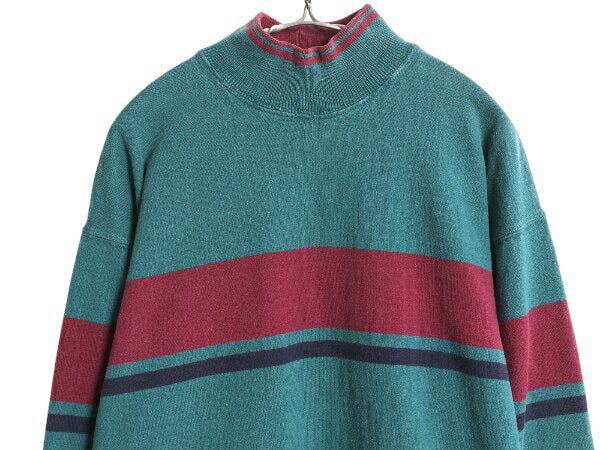 80s USA製 エルエルビーン モックネック ボーダー 長袖 Tシャツ メンズ M ヴィンテージ ロンT ラガーシャツ 素材 ヘビーウェイト コットン