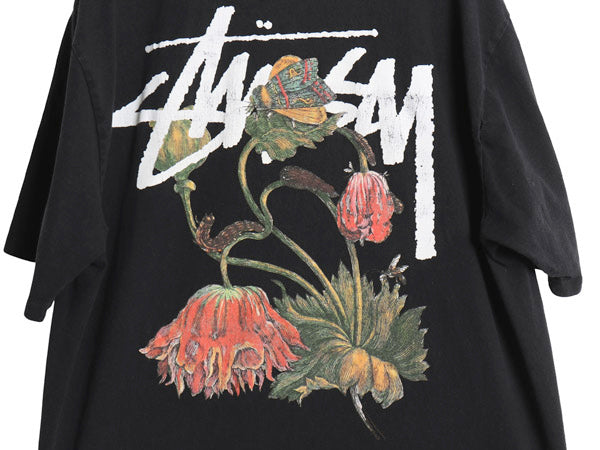 ステューシー 両面 アート イラスト プリント Tシャツ メンズ L ヘビーウェイト コットン フラワー ストック ロゴ グラフィック ブラック 