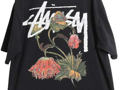 ステューシー 両面 アート イラスト プリント Tシャツ メンズ L ヘビーウェイト コットン フラワー ストック ロゴ グラフィック ブラック 