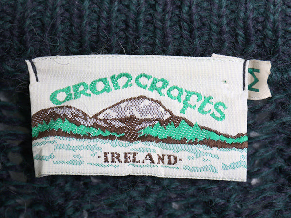 90s アイルランド製 aran crafts フィッシャーマン ウール ニット セーター メンズ M 古着 オールド アラン ケーブル ローゲージ 無地 厚手