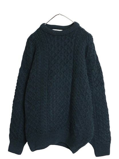 90s アイルランド製 aran crafts フィッシャーマン ウール ニット セーター メンズ M 古着 オールド アラン ケーブル ローゲージ 無地 厚手