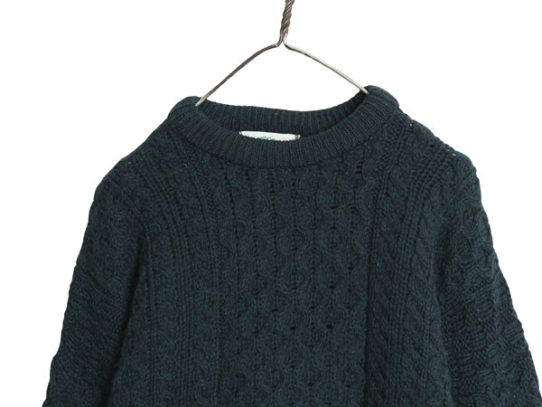 90s アイルランド製 aran crafts フィッシャーマン ウール ニット セーター メンズ M 古着 オールド アラン ケーブル ローゲージ 無地 厚手