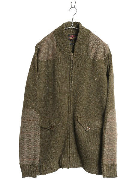 バウアー フルジップ ニット ジャケット メンズ XXL / 古着 ハンティング フィールド ツイード パッチ ラム ウール セーター 大きいサイズ