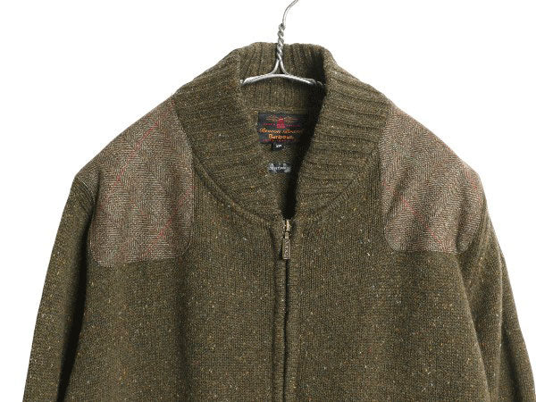 バウアー フルジップ ニット ジャケット メンズ XXL / 古着 ハンティング フィールド ツイード パッチ ラム ウール セーター 大きいサイズ