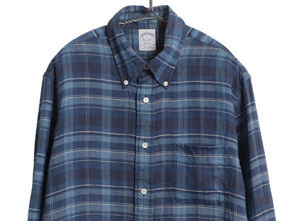 ブルックスブラザーズ チェック 長袖 ボタンダウン シャツ メンズ L 古着 長袖シャツ 100% アイリッシュ リネン 高級 シンプル きれいめ