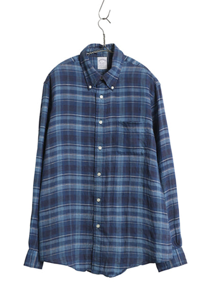 ブルックスブラザーズ チェック 長袖 ボタンダウン シャツ メンズ L 古着 長袖シャツ 100% アイリッシュ リネン 高級 シンプル きれいめ