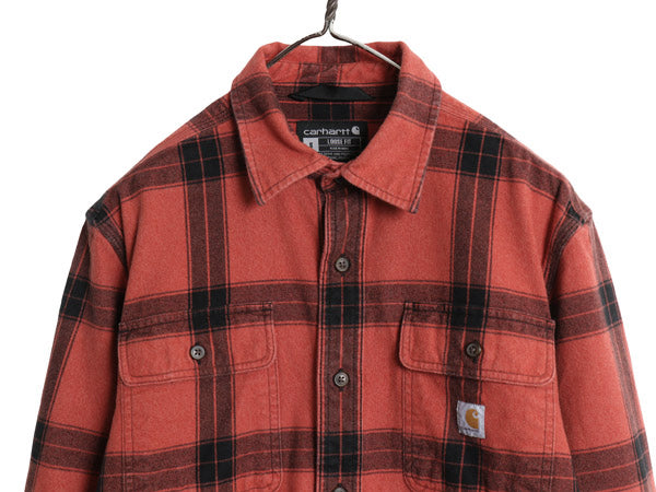 US企画 カーハート 長袖 ヘビー フランネル シャツ メンズ S / LOOSE FIT チェック ネルシャツ ワーク コットン ワンポイント 厚手 赤 黒