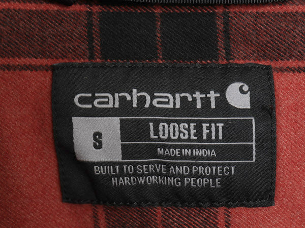 US企画 カーハート 長袖 ヘビー フランネル シャツ メンズ S / LOOSE FIT チェック ネルシャツ ワーク コットン ワンポイント 厚手 赤 黒