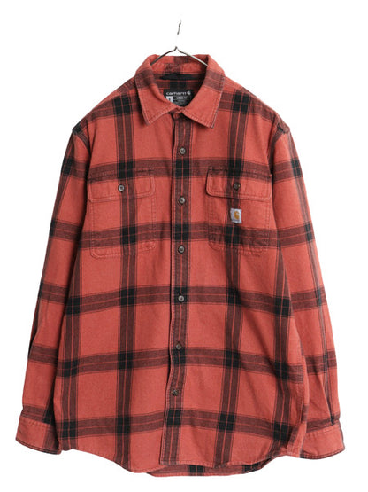 US企画 カーハート 長袖 ヘビー フランネル シャツ メンズ S / LOOSE FIT チェック ネルシャツ ワーク コットン ワンポイント 厚手 赤 黒