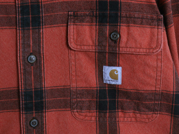 US企画 カーハート 長袖 ヘビー フランネル シャツ メンズ S / LOOSE FIT チェック ネルシャツ ワーク コットン ワンポイント 厚手 赤 黒