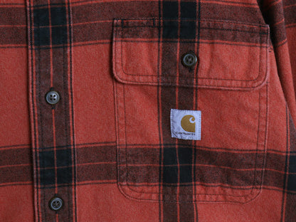 US企画 カーハート 長袖 ヘビー フランネル シャツ メンズ S / LOOSE FIT チェック ネルシャツ ワーク コットン ワンポイント 厚手 赤 黒