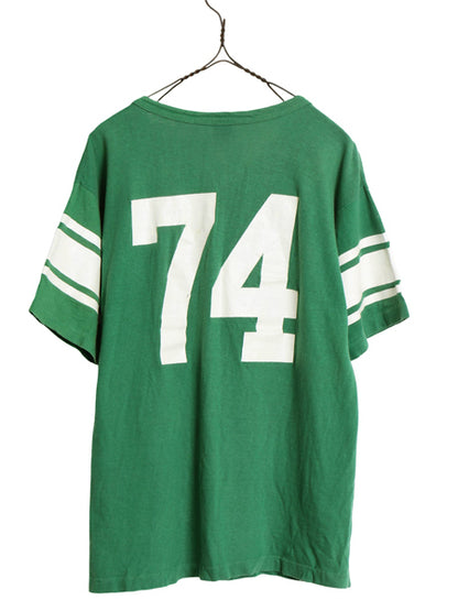 70s USA製 ★ チャンピオン 3段 カレッジ プリント 半袖 フットボール Tシャツ メンズ L 小さめ M ヴィンテージ バータグ ナンバリング 緑