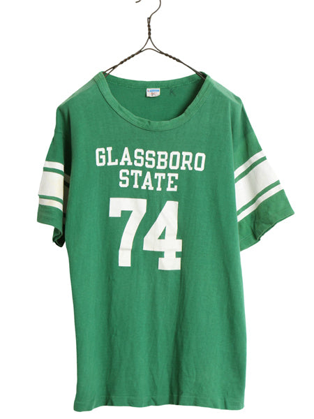 70s USA製 ★ チャンピオン 3段 カレッジ プリント 半袖 フットボール Tシャツ メンズ L 小さめ M ヴィンテージ バータグ ナンバリング 緑