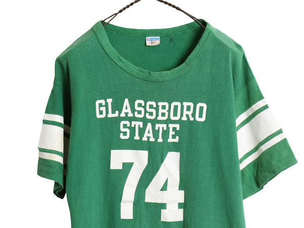 70s USA製 ★ チャンピオン 3段 カレッジ プリント 半袖 フットボール Tシャツ メンズ L 小さめ M ヴィンテージ バータグ ナンバリング 緑