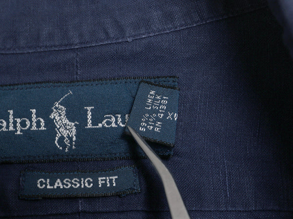 00s ラルフローレン 長袖 ボタンダウン シャツ メンズ XL オールド ポロ リネン シルク 長袖シャツ ワンポイント 大きいサイズ シンプル 紺