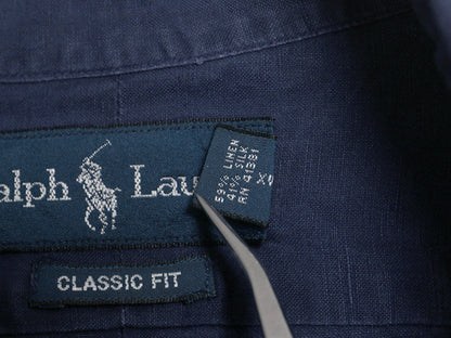 00s ラルフローレン 長袖 ボタンダウン シャツ メンズ XL オールド ポロ リネン シルク 長袖シャツ ワンポイント 大きいサイズ シンプル 紺