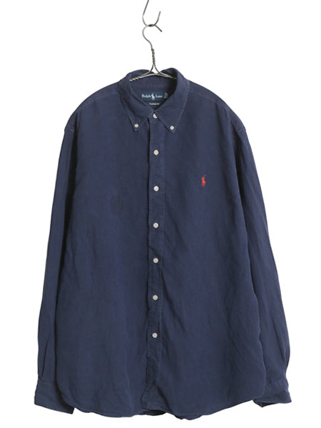 00s ラルフローレン 長袖 ボタンダウン シャツ メンズ XL オールド ポロ リネン シルク 長袖シャツ ワンポイント 大きいサイズ シンプル 紺