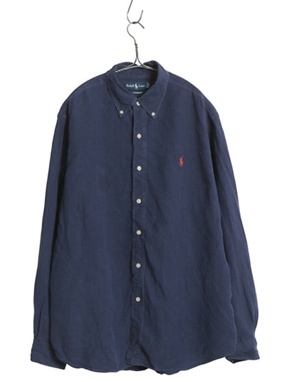 00s ラルフローレン 長袖 ボタンダウン シャツ メンズ XL オールド ポロ リネン シルク 長袖シャツ ワンポイント 大きいサイズ シンプル 紺