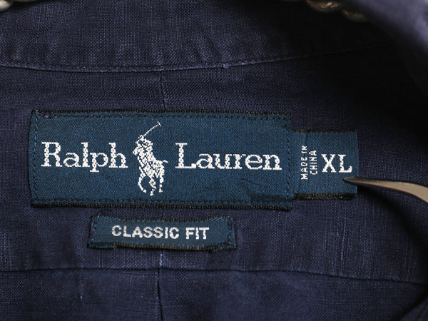 00s ラルフローレン 長袖 ボタンダウン シャツ メンズ XL オールド ポロ リネン シルク 長袖シャツ ワンポイント 大きいサイズ シンプル 紺