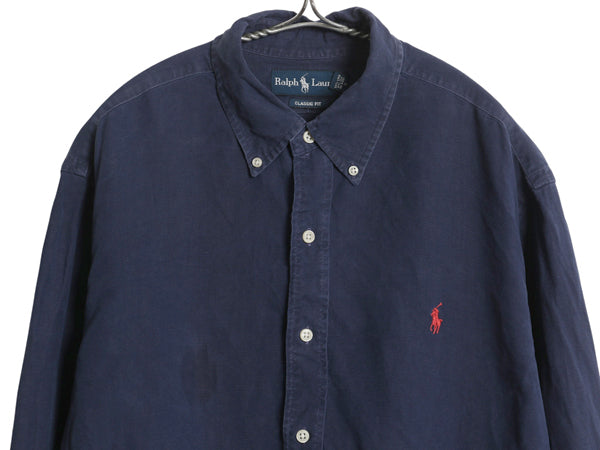 00s ラルフローレン 長袖 ボタンダウン シャツ メンズ XL オールド ポロ リネン シルク 長袖シャツ ワンポイント 大きいサイズ シンプル 紺