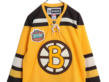 ブルーインズ メッシュ ホッケー ジャージ メンズ S 古着 NHL オフィシャル リーボック アイスホッケー ユニフォーム 重ね着 レースアップ