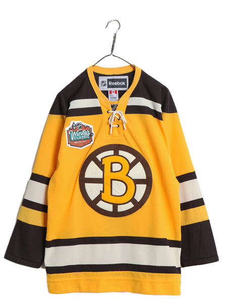 ブルーインズ メッシュ ホッケー ジャージ メンズ S 古着 NHL オフィシャル リーボック アイスホッケー ユニフォーム 重ね着 レースアップ