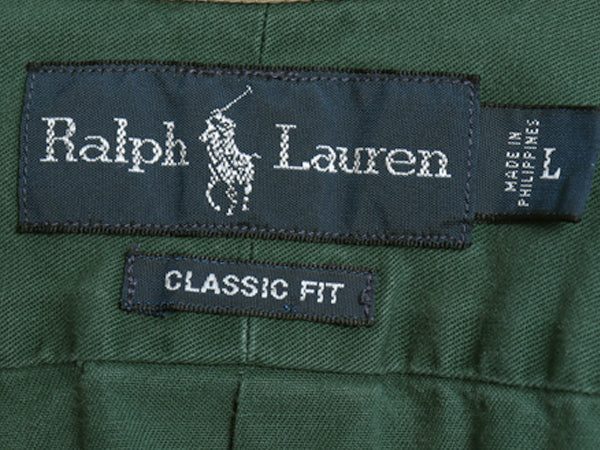 00s ラルフローレン 長袖 ボタンダウン シャツ メンズ L / オールド ポロ CLASSIC FIT コットン チノ 本革 レザー エルボーパッチ グリーン