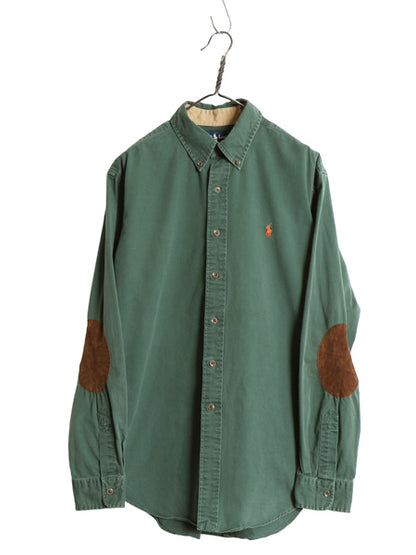00s ラルフローレン 長袖 ボタンダウン シャツ メンズ L / オールド ポロ CLASSIC FIT コットン チノ 本革 レザー エルボーパッチ グリーン