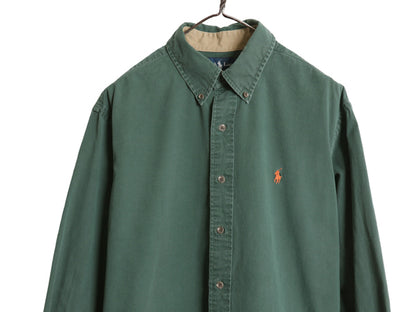 00s ラルフローレン 長袖 ボタンダウン シャツ メンズ L / オールド ポロ CLASSIC FIT コットン チノ 本革 レザー エルボーパッチ グリーン