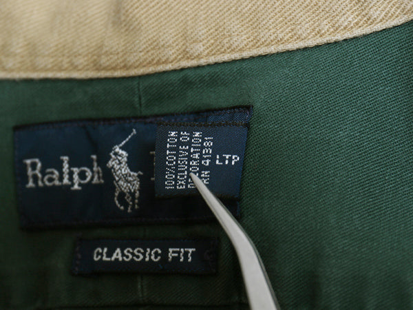 00s ラルフローレン 長袖 ボタンダウン シャツ メンズ L / オールド ポロ CLASSIC FIT コットン チノ 本革 レザー エルボーパッチ グリーン