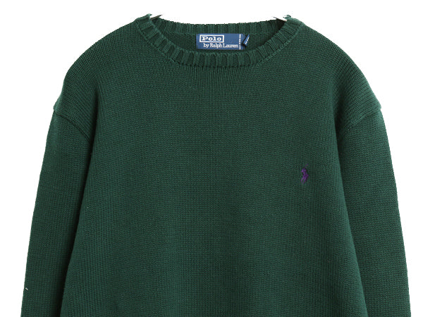 90s ポロ ラルフローレン コットン ニット セーター メンズ S 古着 オールド 長袖ニット ワンポイント クルーネック シンプル きれいめ 緑