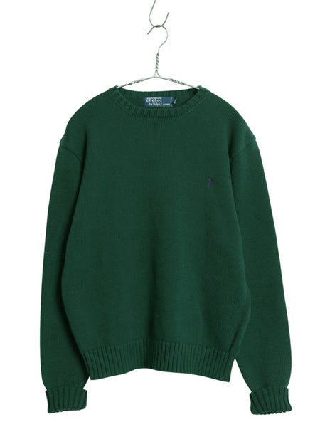 90s ポロ ラルフローレン コットン ニット セーター メンズ S 古着 オールド 長袖ニット ワンポイント クルーネック シンプル きれいめ 緑