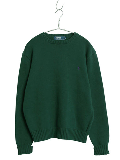90s ポロ ラルフローレン コットン ニット セーター メンズ S 古着 オールド 長袖ニット ワンポイント クルーネック シンプル きれいめ 緑