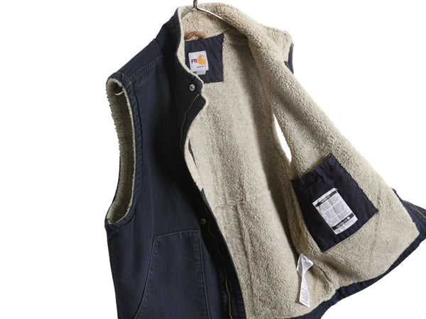 US企画 カーハート モックネック ダック ベスト メンズ M / 古着 FR シリーズ 裏 ボア パイル フリース ライナー ワーク 前開き 重ね着 紺
