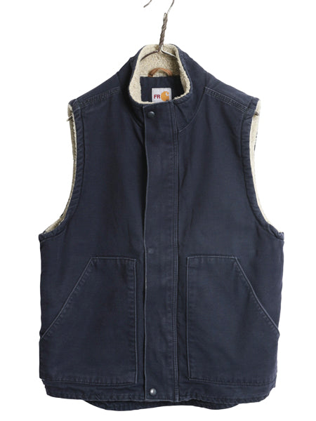 US企画 カーハート モックネック ダック ベスト メンズ M / 古着 FR シリーズ 裏 ボア パイル フリース ライナー ワーク 前開き 重ね着 紺