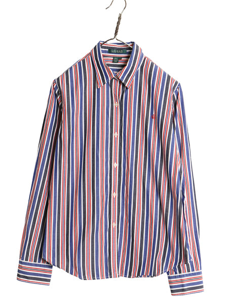 90s ローレン ラルフローレン ストライプ 長袖 シャツ レディース L オールド ポロ コットン ブラウス ワンポイント Yシャツ マルチカラー
