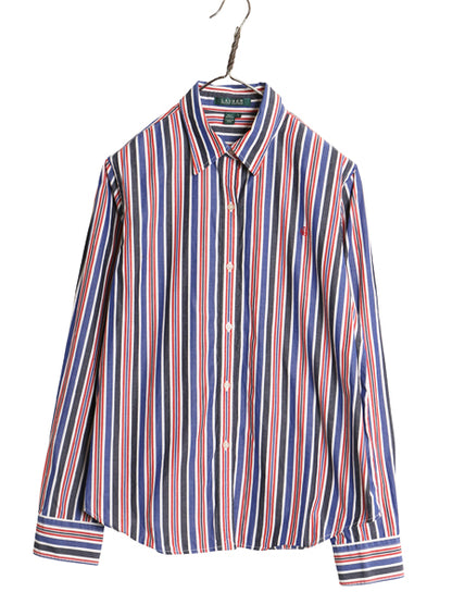 90s ローレン ラルフローレン ストライプ 長袖 シャツ レディース L オールド ポロ コットン ブラウス ワンポイント Yシャツ マルチカラー
