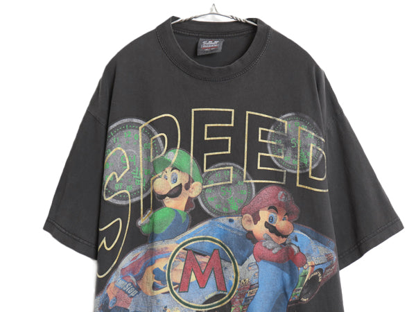 00s マリオ ルイージ イラスト イラスト プリント Tシャツ メンズ 2XL オールド 任天堂 グラフィック キャラクター 大きいサイズ 当時物 黒