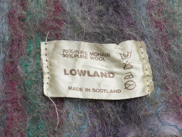 70s スコットランド製 大判 モヘア ブランケット ヴィンテージ ストライプ 毛足 ウール ひざ掛け 掛け毛布 防寒 フリンジ付き マルチカラー