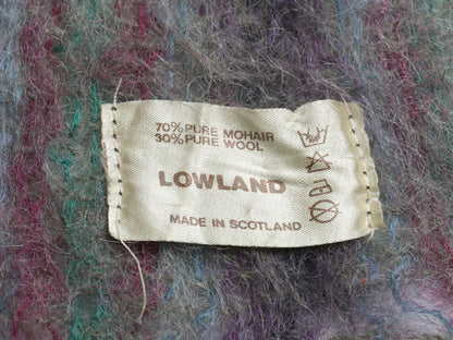 70s スコットランド製 大判 モヘア ブランケット ヴィンテージ ストライプ 毛足 ウール ひざ掛け 掛け毛布 防寒 フリンジ付き マルチカラー