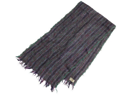 70s スコットランド製 大判 モヘア ブランケット ヴィンテージ ストライプ 毛足 ウール ひざ掛け 掛け毛布 防寒 フリンジ付き マルチカラー