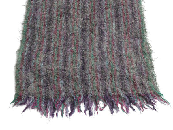 70s スコットランド製 大判 モヘア ブランケット ヴィンテージ ストライプ 毛足 ウール ひざ掛け 掛け毛布 防寒 フリンジ付き マルチカラー