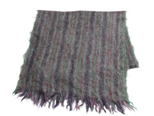 70s スコットランド製 大判 モヘア ブランケット ヴィンテージ ストライプ 毛足 ウール ひざ掛け 掛け毛布 防寒 フリンジ付き マルチカラー