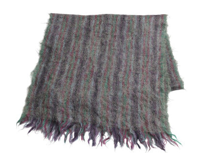 70s スコットランド製 大判 モヘア ブランケット ヴィンテージ ストライプ 毛足 ウール ひざ掛け 掛け毛布 防寒 フリンジ付き マルチカラー