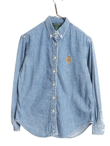 90s ローレン ラルフローレン ボタンダウン 長袖 デニム シャツ レディース S オールド ポロ コットン 長袖シャツ カジュアル ワンポイント