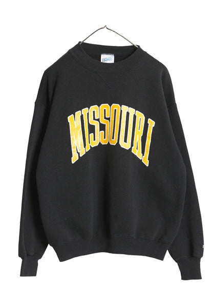 90s USA製 カレッジ プリント スウェット メンズ L 古着 オールド トレーナー 裏起毛 前V クルーネック ワンポイント トップス シンプル 黒