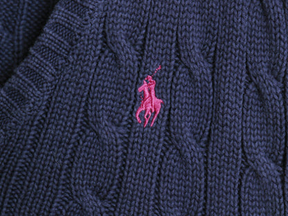 ラルフローレン コットン ケーブル ニット セーター レディース M 古着 ポロ スポーツ Vネック ワンポイント ポニー 刺繍 無地 きれいめ 紺