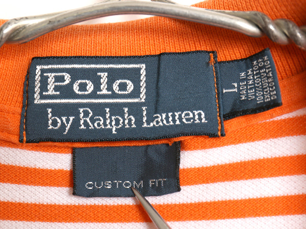 00s ポロ ラルフローレン ボーダー 鹿の子 半袖 ポロシャツ メンズ L / オールド CUSTOM FIT ワンポイント ポニー 刺繍 オレンジ ホワイト